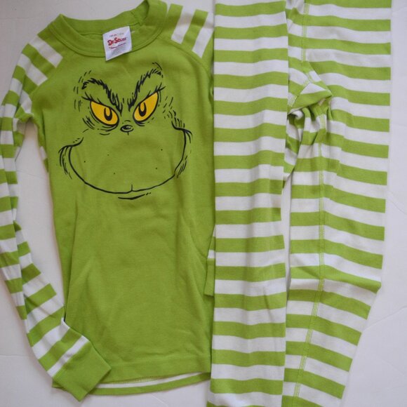 Hanna Andersson Grinch organic cotton long john pajamas 130 8 EUC Twins? - Picture 1 of 1